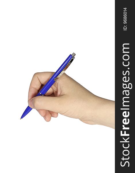 The hand holding the dark blue handle is isolated on a white background. The hand holding the dark blue handle is isolated on a white background