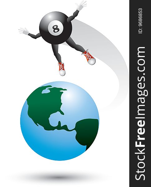 Eight ball cartoon character flying around the world. Eight ball cartoon character flying around the world.