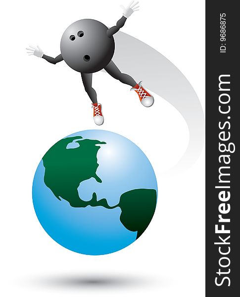 Bowling ball cartoon character flying around the world. Bowling ball cartoon character flying around the world
