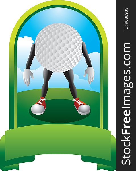 Golf ball cartoon character inside a green display. Golf ball cartoon character inside a green display
