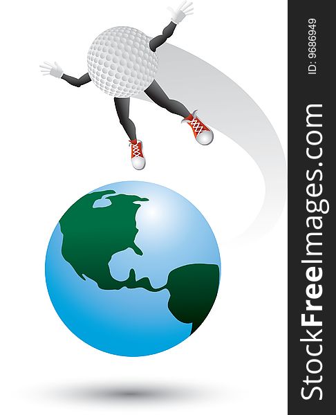 Golf ball cartoon character flying around the world. Golf ball cartoon character flying around the world