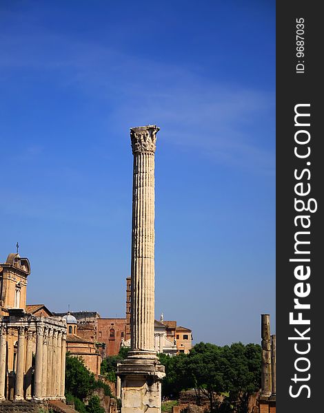 The slender fluted column of Phocas standing tall on a sunny day in Rome. The slender fluted column of Phocas standing tall on a sunny day in Rome.