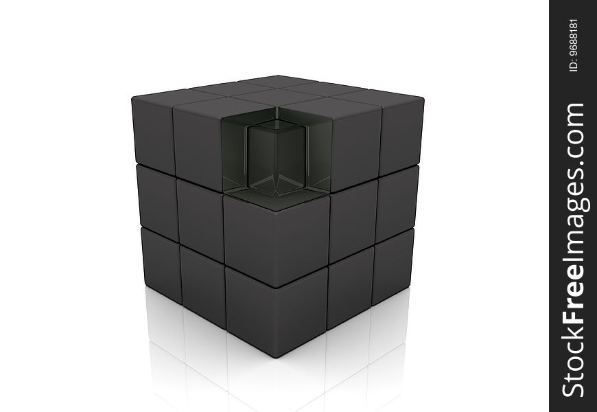 3D Glass Cube Among Metal Cubes