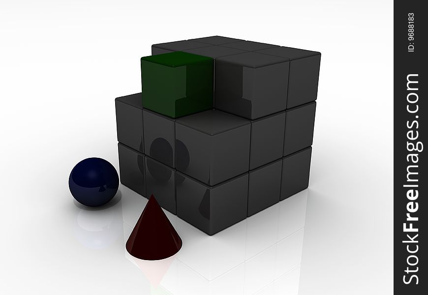 3D rendered image of a cone, sphere and cubes implying individuality and difference. 3D rendered image of a cone, sphere and cubes implying individuality and difference.