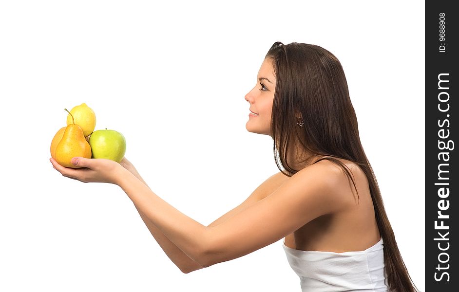 Pretty young  girl with fruit in her hands on white background. Pretty young  girl with fruit in her hands on white background