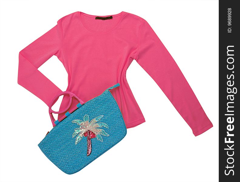 Woman fashion isolated pink blouse shirt and blue bag. Woman fashion isolated pink blouse shirt and blue bag