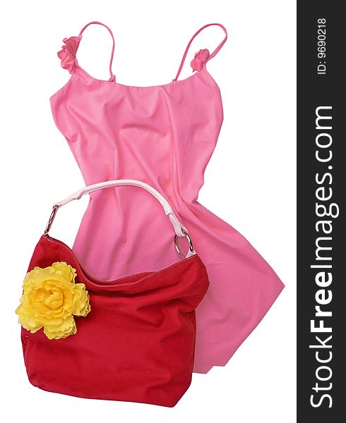Pink Silk Dress And Red Bag