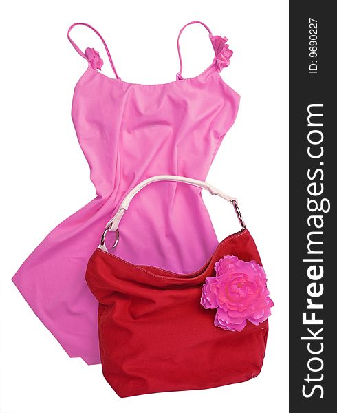 Woman fashion isolated pink dress and red bag. Woman fashion isolated pink dress and red bag