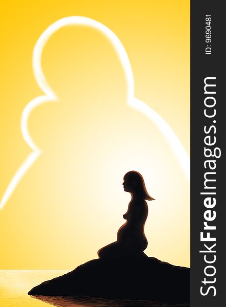 Pregnant woman in the beach  with yellow sunrise in the background  and silhouette of Virgin Mary