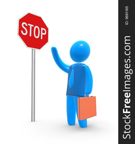 Abstract blue figure of businessman is pointing at the stop traffic sign. Abstract blue figure of businessman is pointing at the stop traffic sign.