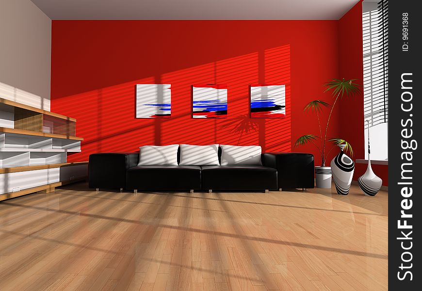 Interior of the room with red wall and black leather sofa. Interior of the room with red wall and black leather sofa