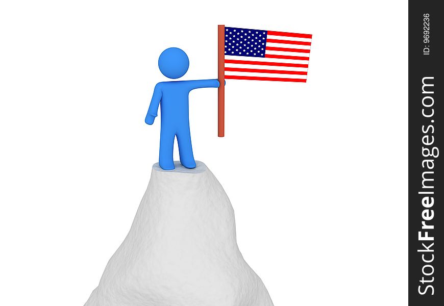 3d render of person on mountain with american flag