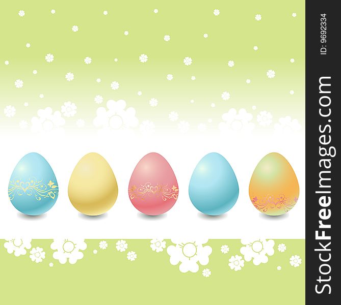 Vector Illustration of the Easter Eggs on the beautiful floral background.