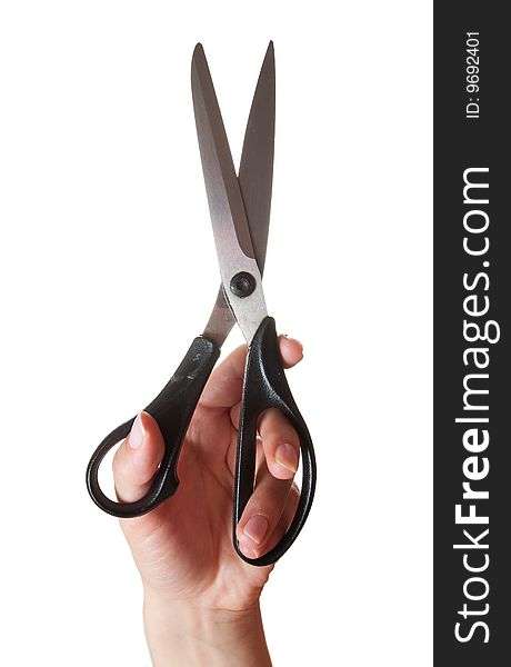 Hand with the scissors, isolated on the white. Hand with the scissors, isolated on the white