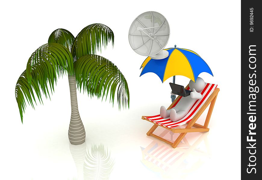 3d render of chaise longue, umbrella, palm, person. 3d render of chaise longue, umbrella, palm, person.