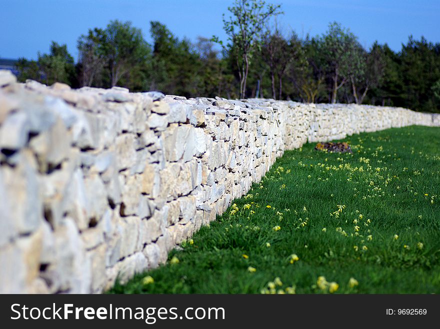 Stone wall view with grass and flowers