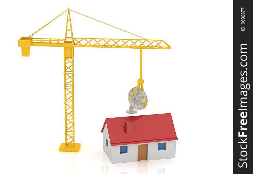 3d render of house, Satellite Dish, crane