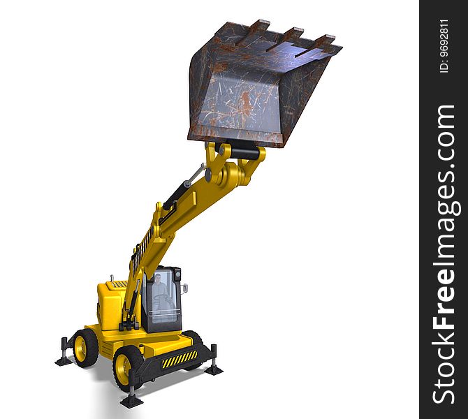 Rendering of a wheel excavator with Clipping Path and shadow over white