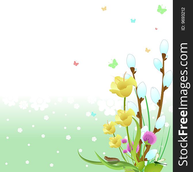 Vector illustration of spring Elegant design with flowers, butterflies and pussy-willow. Vector illustration of spring Elegant design with flowers, butterflies and pussy-willow