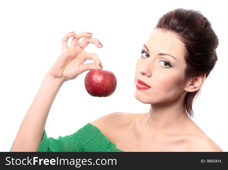 Close-up portrait of young beautiful healthy woman with red apple isolated on white. Close-up portrait of young beautiful healthy woman with red apple isolated on white