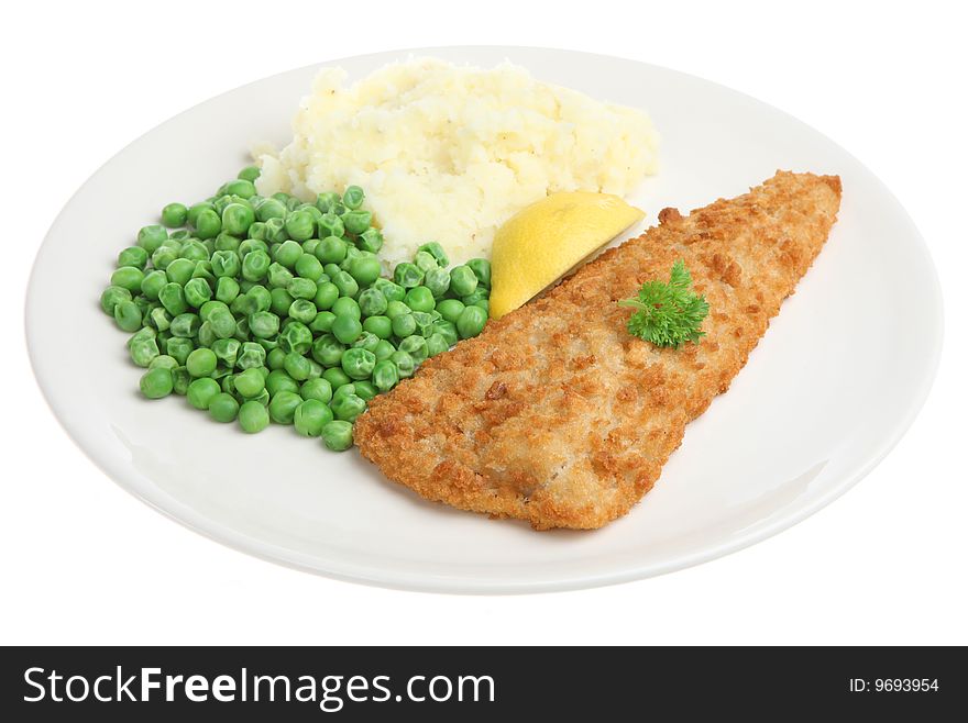 Breaded cod fillet with peas and mashed potato. Breaded cod fillet with peas and mashed potato