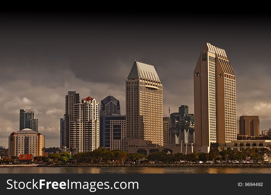 This is a picture of the San Diego skyline on a dark and stormy day. This is a picture of the San Diego skyline on a dark and stormy day
