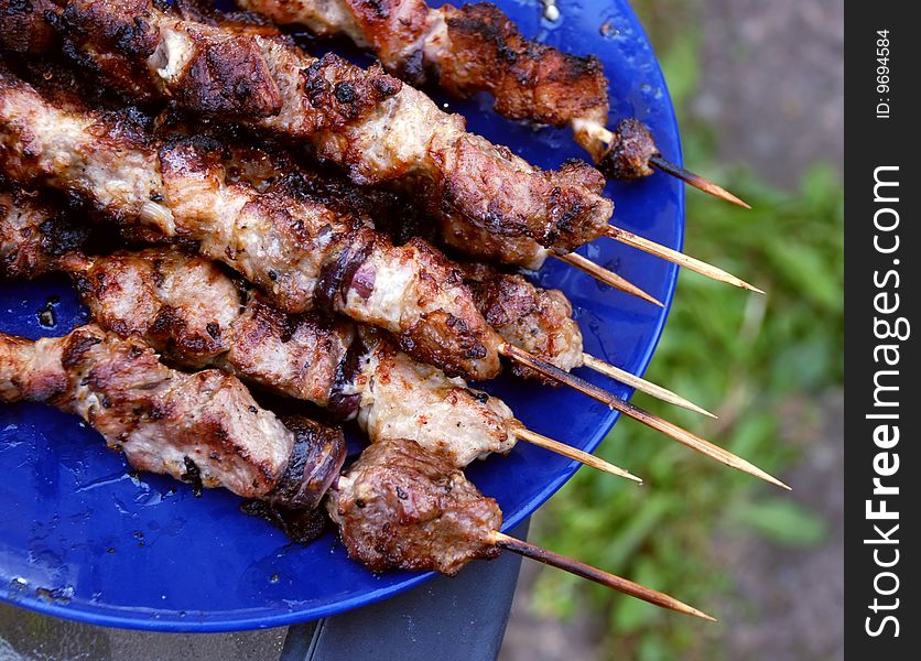 Pork kebab with onion on the BBQ