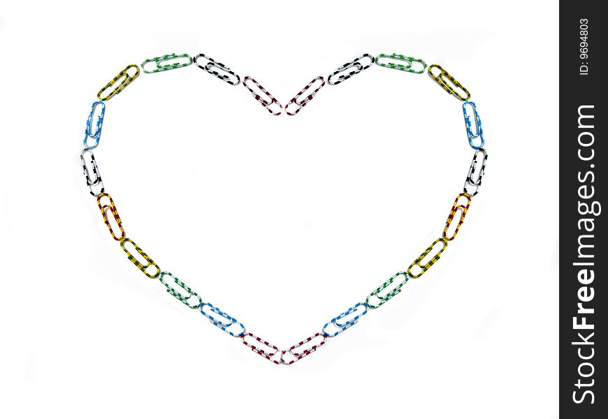 The heart symbol made from colored plastic office clips, isolated over white. The heart symbol made from colored plastic office clips, isolated over white