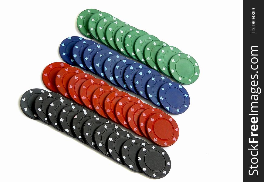 Set of colored casino chips, isolated over white