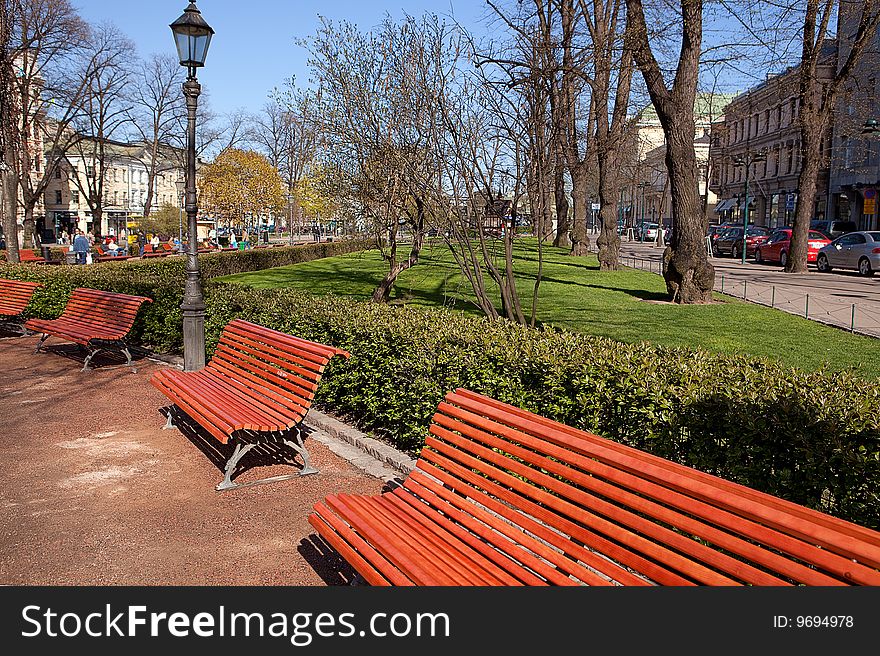 Park benches in a European city