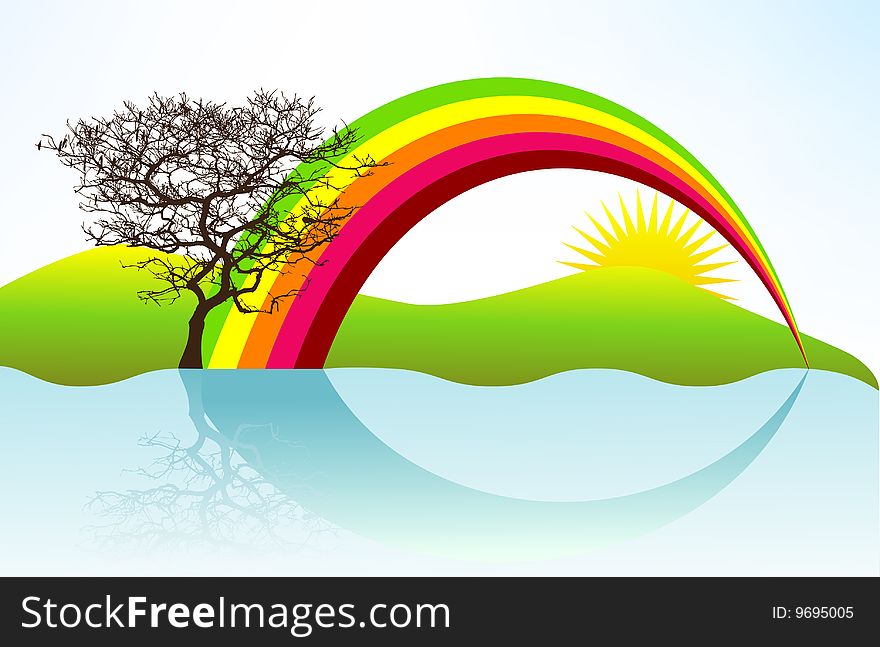 Retro illustration with tree, rainbow and sun