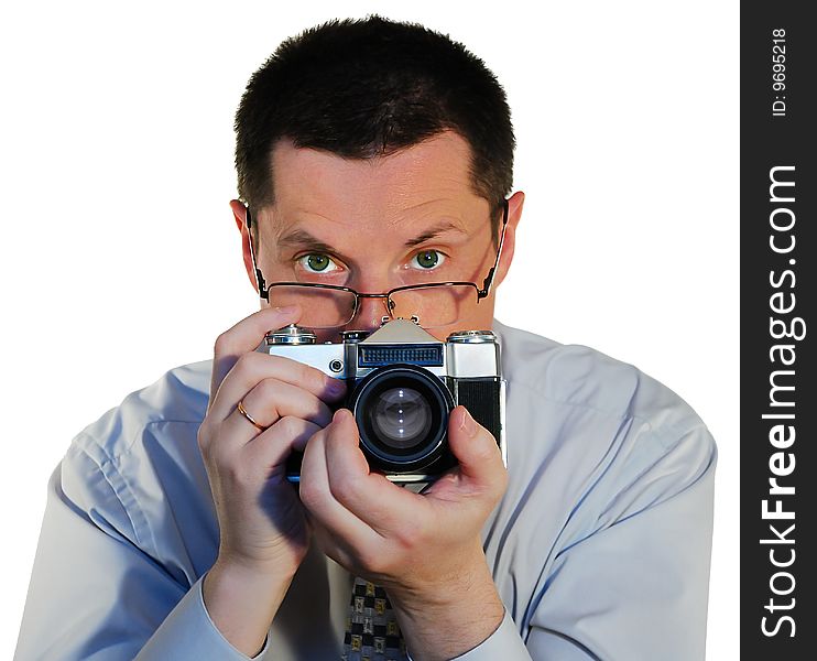 Photografer with a old photocamera close up. Photografer with a old photocamera close up