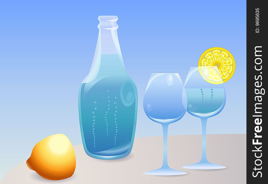 Bottle with water, glasses and lemon. Bottle with water, glasses and lemon