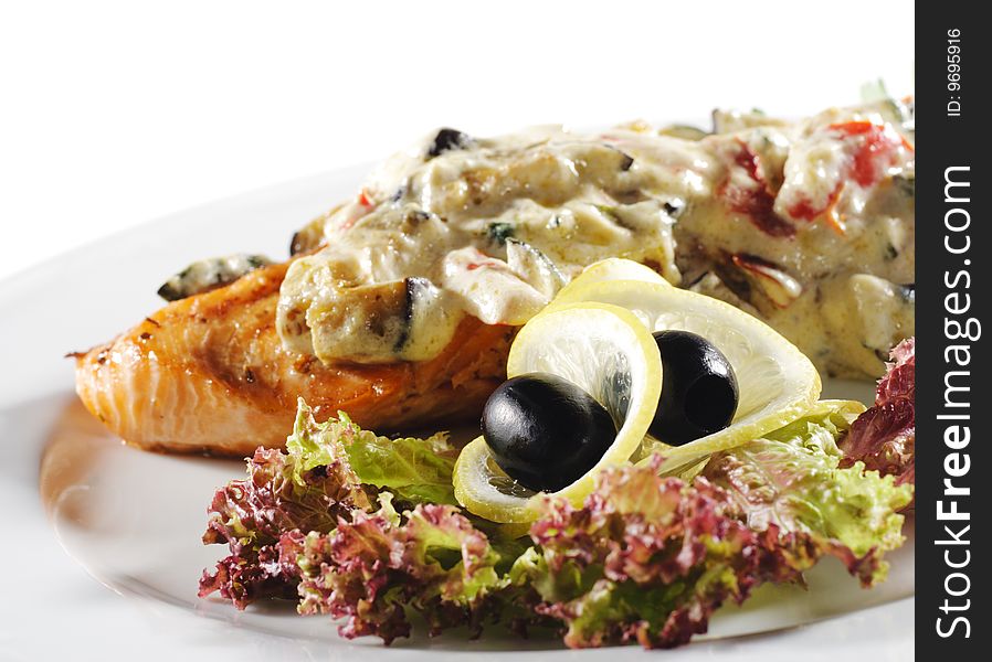 Salmon Steak Plate under Vegetable with Cream. Salmon Steak Plate under Vegetable with Cream