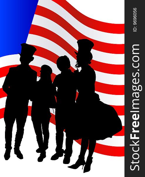 Vector image of women and men during the festival, under the American flag. Vector image of women and men during the festival, under the American flag
