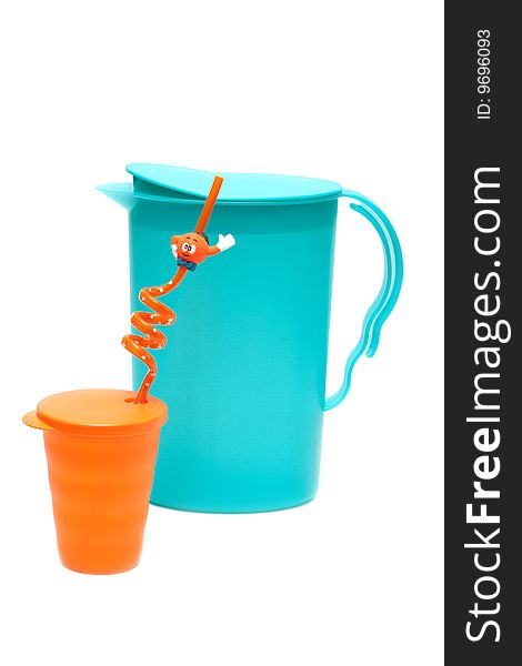 Plastic pitcher and glass on white background