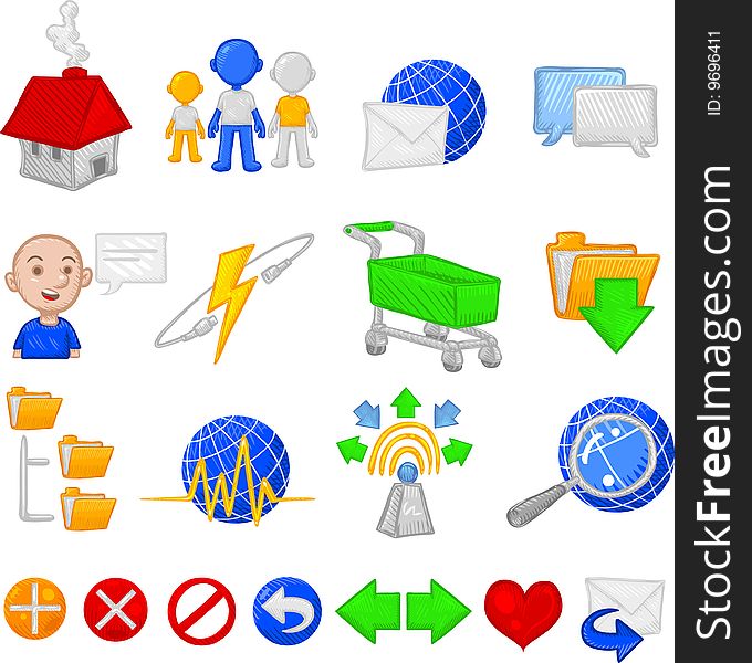 Set of vector Organicons relating to the internet theme, including a home, cart, network, mail and arrows icons. Organicons are hand drawn, loose, organic drawings, with NO gradients or blends, created to be used as icons. Set of vector Organicons relating to the internet theme, including a home, cart, network, mail and arrows icons. Organicons are hand drawn, loose, organic drawings, with NO gradients or blends, created to be used as icons.