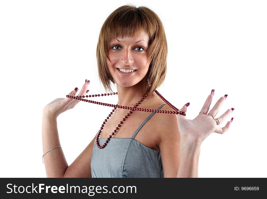 Portrait of sensual young woman with beads isolated on white background