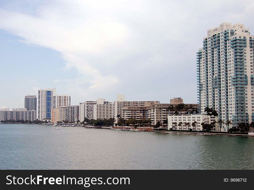 Condominiums on the shore of biscane bay and the western edge of SoBe. Condominiums on the shore of biscane bay and the western edge of SoBe