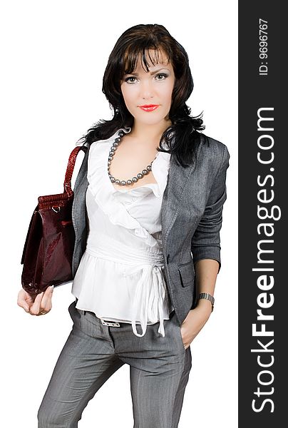 Posing confident busisnesswoman with red bag isolated on white with clipping path