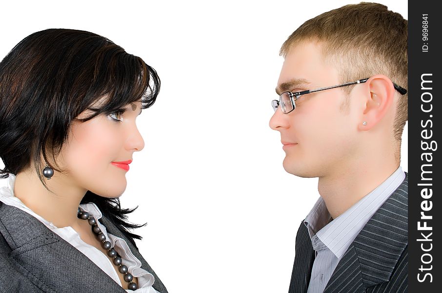 Closeup portrait of  couple businessmen isolated