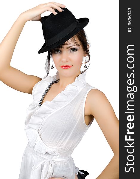 Portrait of  retro businesswoman in hat isolated on white with clipping path. Portrait of  retro businesswoman in hat isolated on white with clipping path