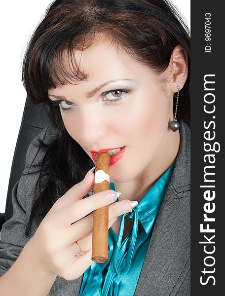 Portrait Of  Sexy Brunette Smoking Cigar Isolated