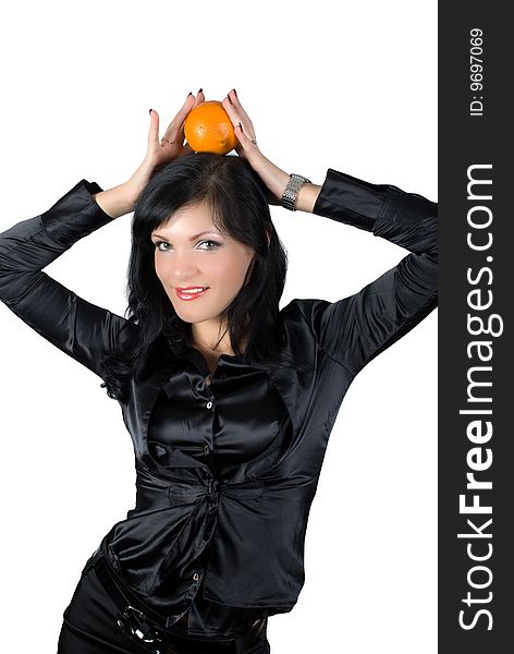 Pertty businesswoman with orange isolated on white with clipping path