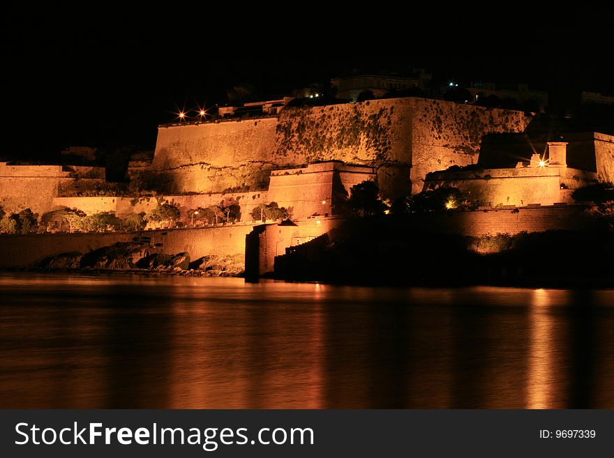 Valletta Bastions at night with reflections