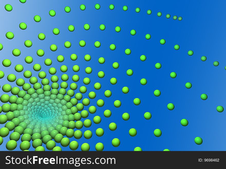 Green balls whirl on blue background.