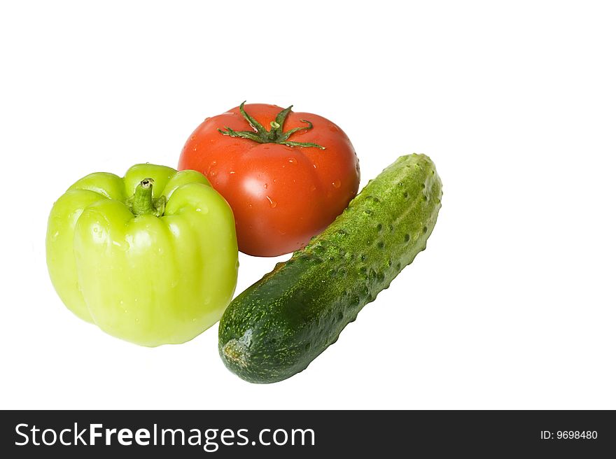 Pepper, tomato and cucumber isolated. Pepper, tomato and cucumber isolated