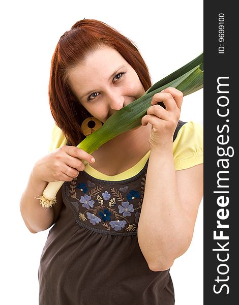 Woman eating vegetables on white background