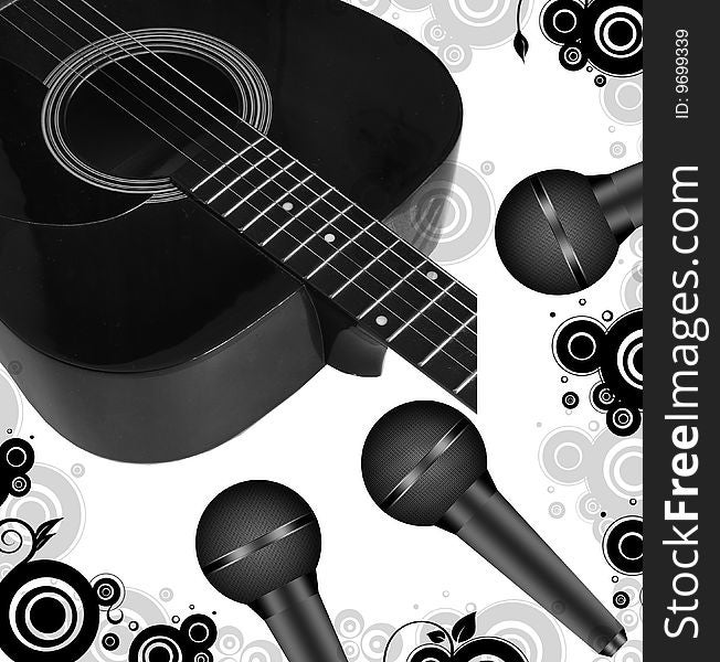 Illustration of guitar and microphones isolated on white background