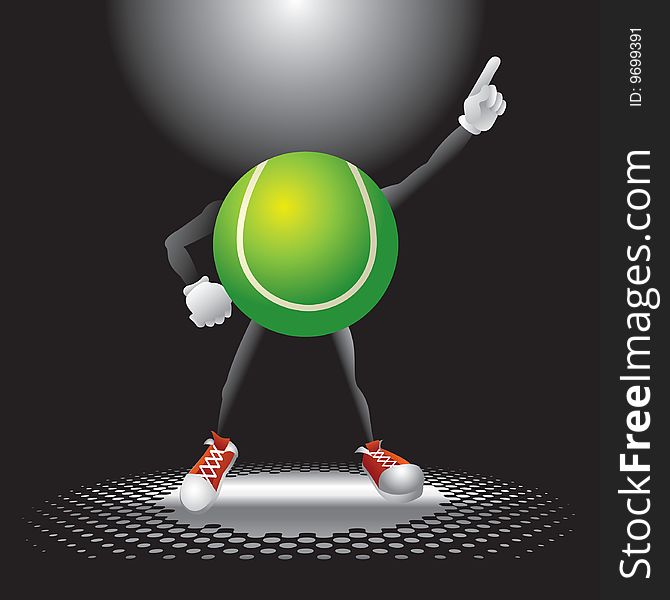 Tennis ball cartoon character on the dance floor striking a pose under the spotlight. Tennis ball cartoon character on the dance floor striking a pose under the spotlight